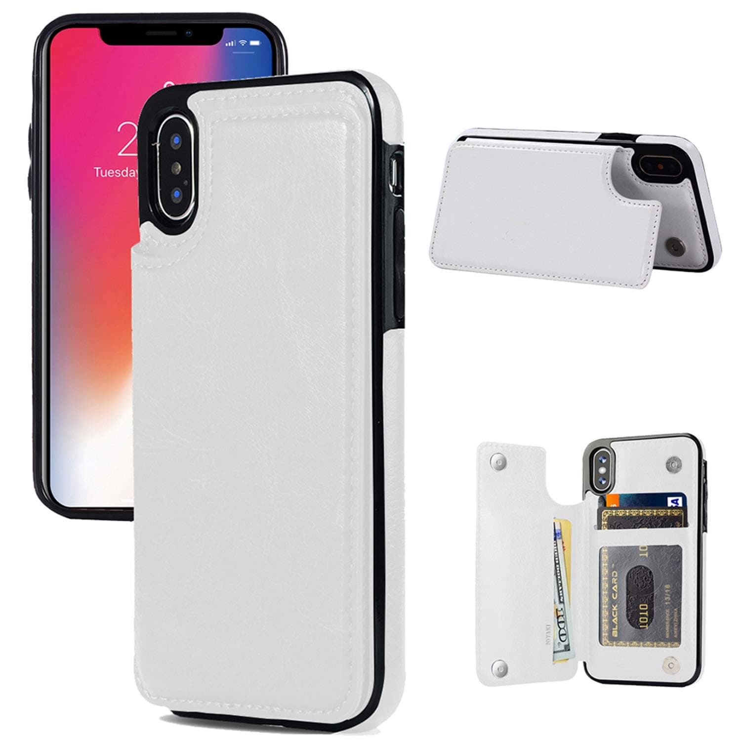 Wallet Case Compatible with iPhone X/XS,Slim Protective case with Card Holder,Premium PU Leather Card Slots Case with a Screen Protective Glass for iPhone X/XS 5.8 inch-White