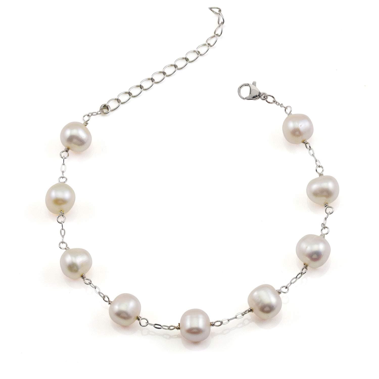 JFUMEFine Jewelry 14K Gold Plated or 925 Sterling Silver Pearl Bracelet Station Bracelet Adjustable Women 7.5" with Extension Chain