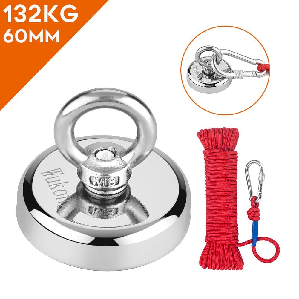 Neodymium Eyebolt Fishing Magnet with Rope x 66ft,Wukong Super Power N52 Pulling Force 290LB(132KG) Diameter 60mm