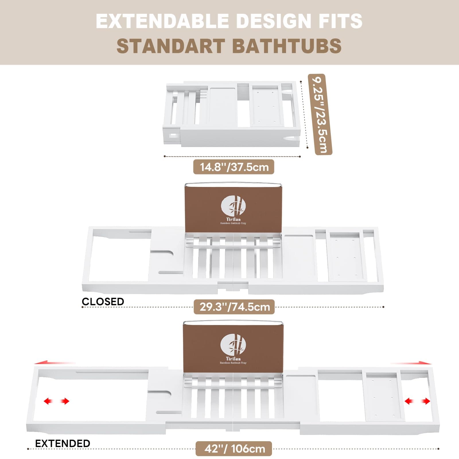 Yirilan Foldable Bathtub Caddy - Expandable Bath Caddy Tray - Unique House Warming Gifts, New Home, Anniversary & Wedding Gifts for Couple-White