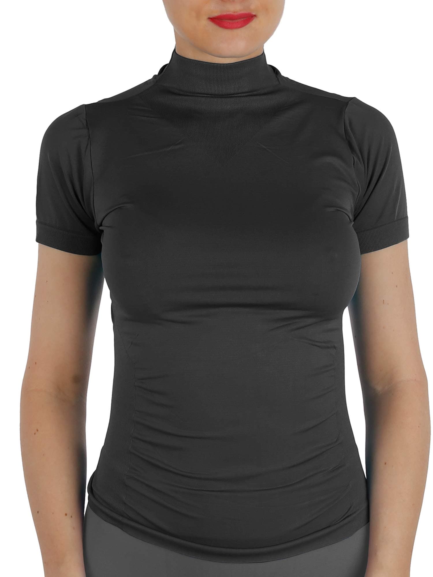 Women Short Sleeves Mock Neck Turtleneck Top Stretchy Side Ribbed Slim Fit Tight Shirts