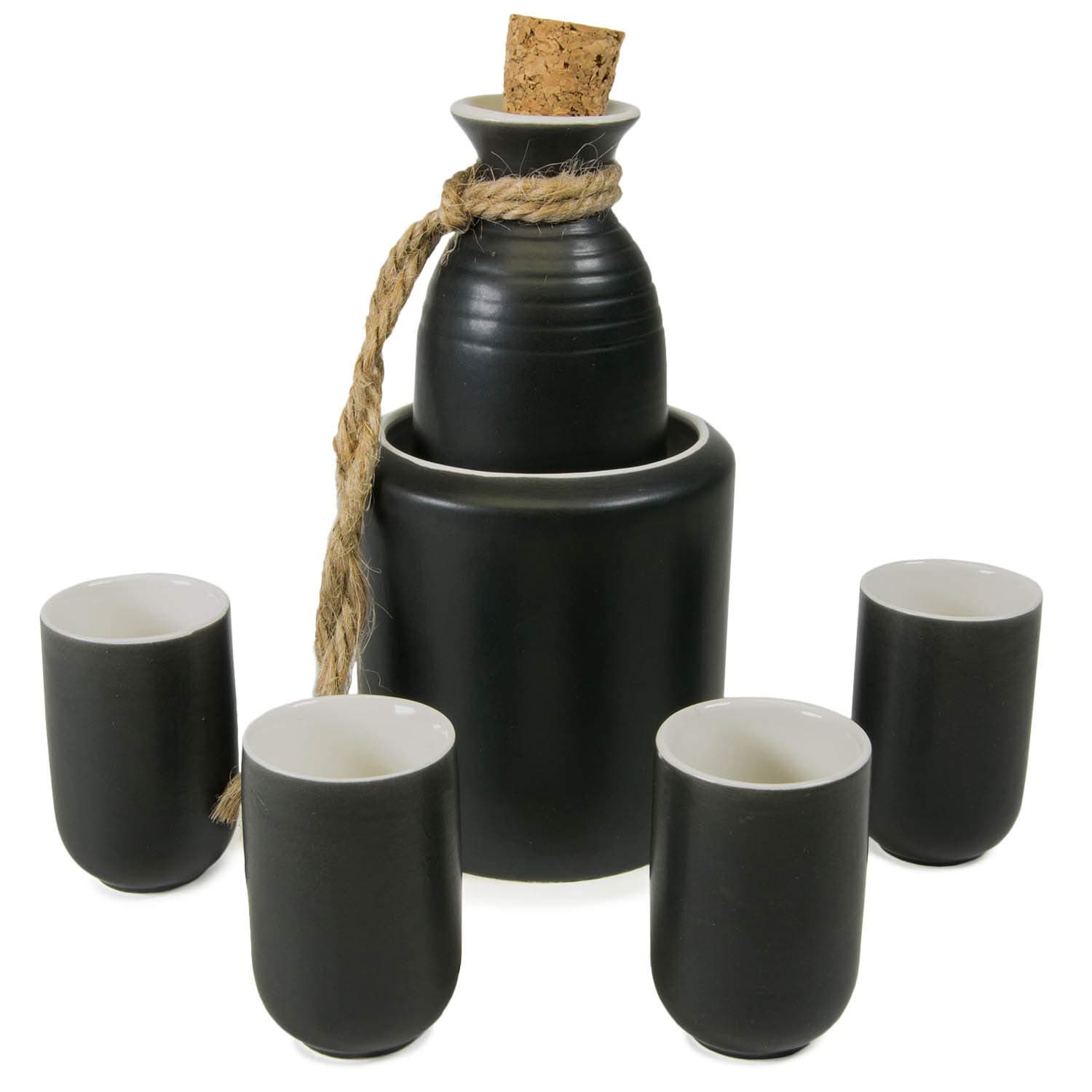 Sake Set with Warmer, Traditional Ceramic Mini Japanese Sake Set with Sake Serving Bottle, 4 Sake Cups, and Warmer (Black)