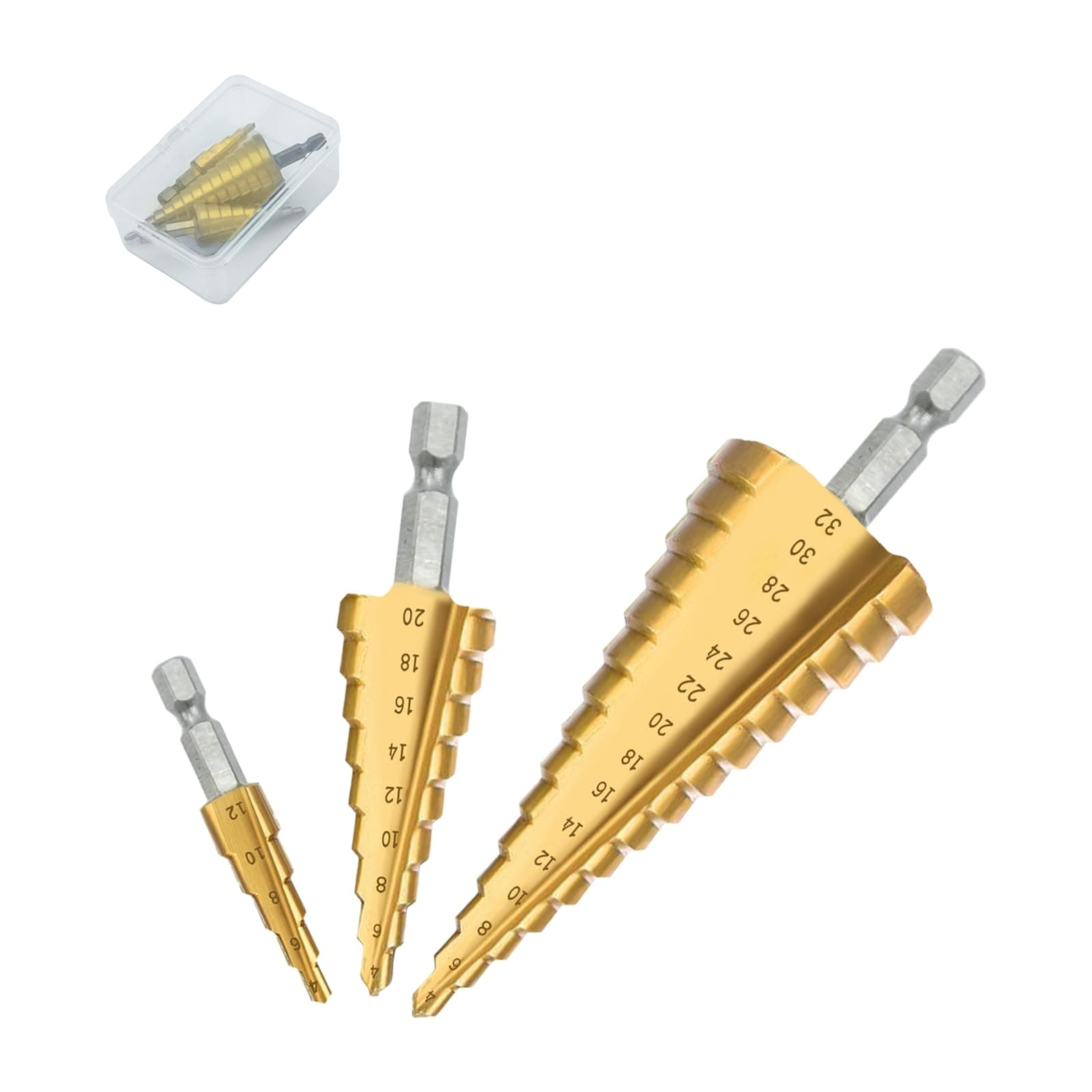 3 pcs HSS Step Cone Drill Bits, Titanium Coated, 4-12/4-20/4-32 mm All-in-One High Speed Steel Step Drill Bits Set for Wood, Sheet Metal, PVC and Thin Metals