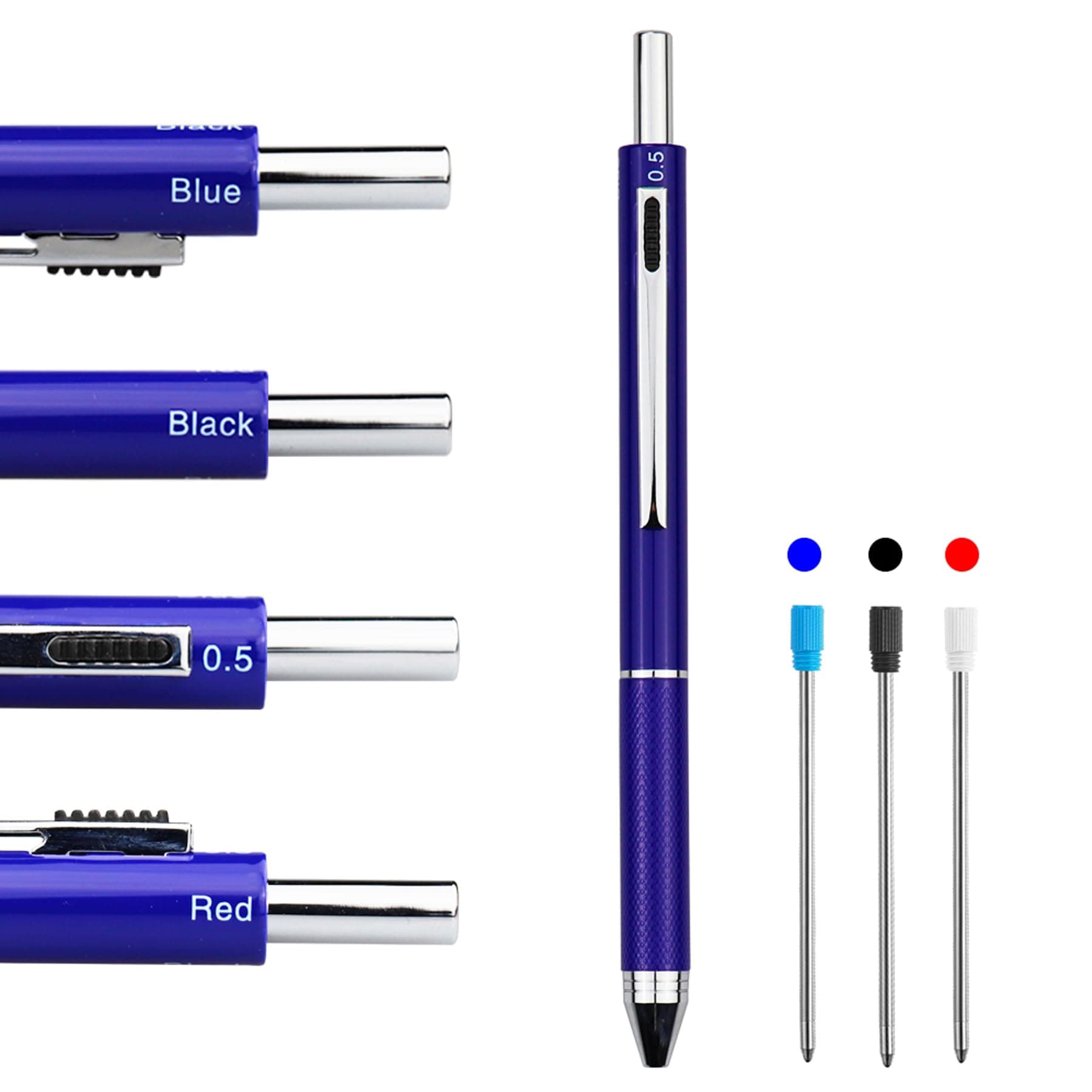HeTaoCat 4 in 1 Multicolor pen, Metal Cased Multifunction Pen, 0.5mm Mechanical Pencil, Red, Blue and Black (Blue)