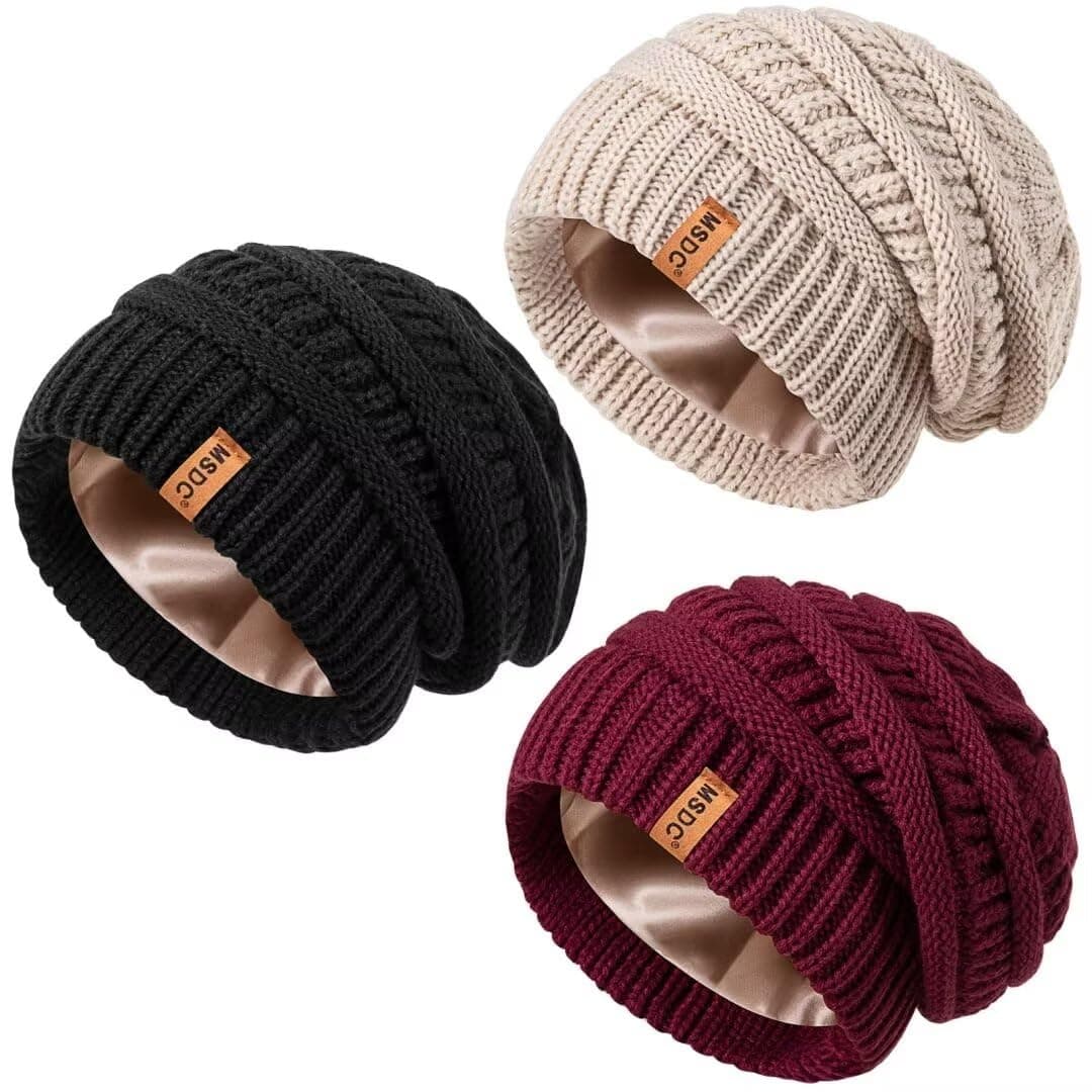 MSDC3 Pack Satin Lined Beanie for Women, Warm Slouchy Winter Hats with Silk Lined, Fashionable Oversized Cable Knit Hat Skull Cap