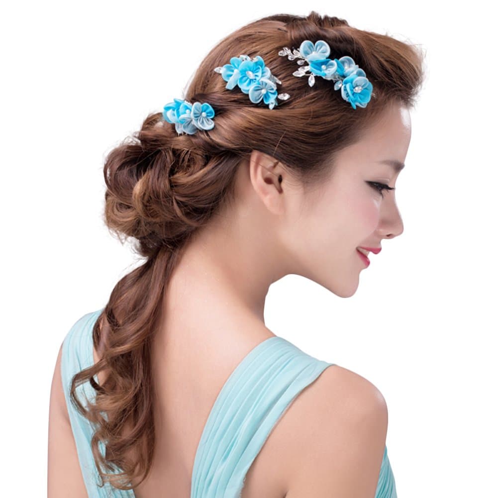 Generic Exqusite Bridal Hair Combs Decorated Blue Flower with Pearl