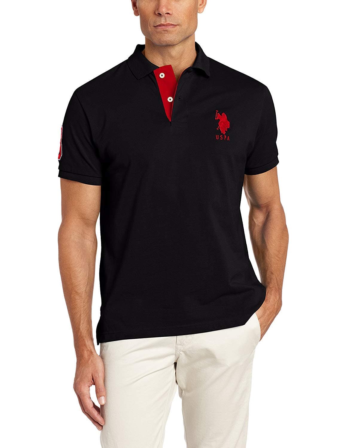 Men's Short-Sleeve Polo Shirt with Applique, Casual Summer Slim Fit Polo Shirt with Contrast Color
