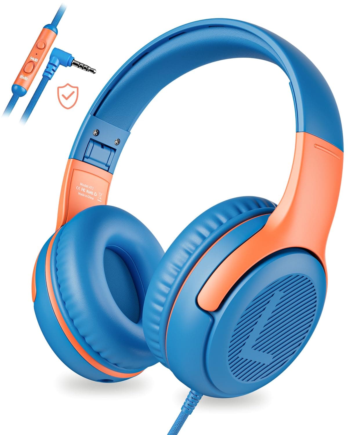 Kids Headphones Wired with Mic, Toddler Headphones with 85/94dB Volume Limit, Sharing Funtion,HD Sound,3.5mm Jack,Foldable Over Ear Childrens headphone for Boys/Phone/Tablet/School-OrangeBlue