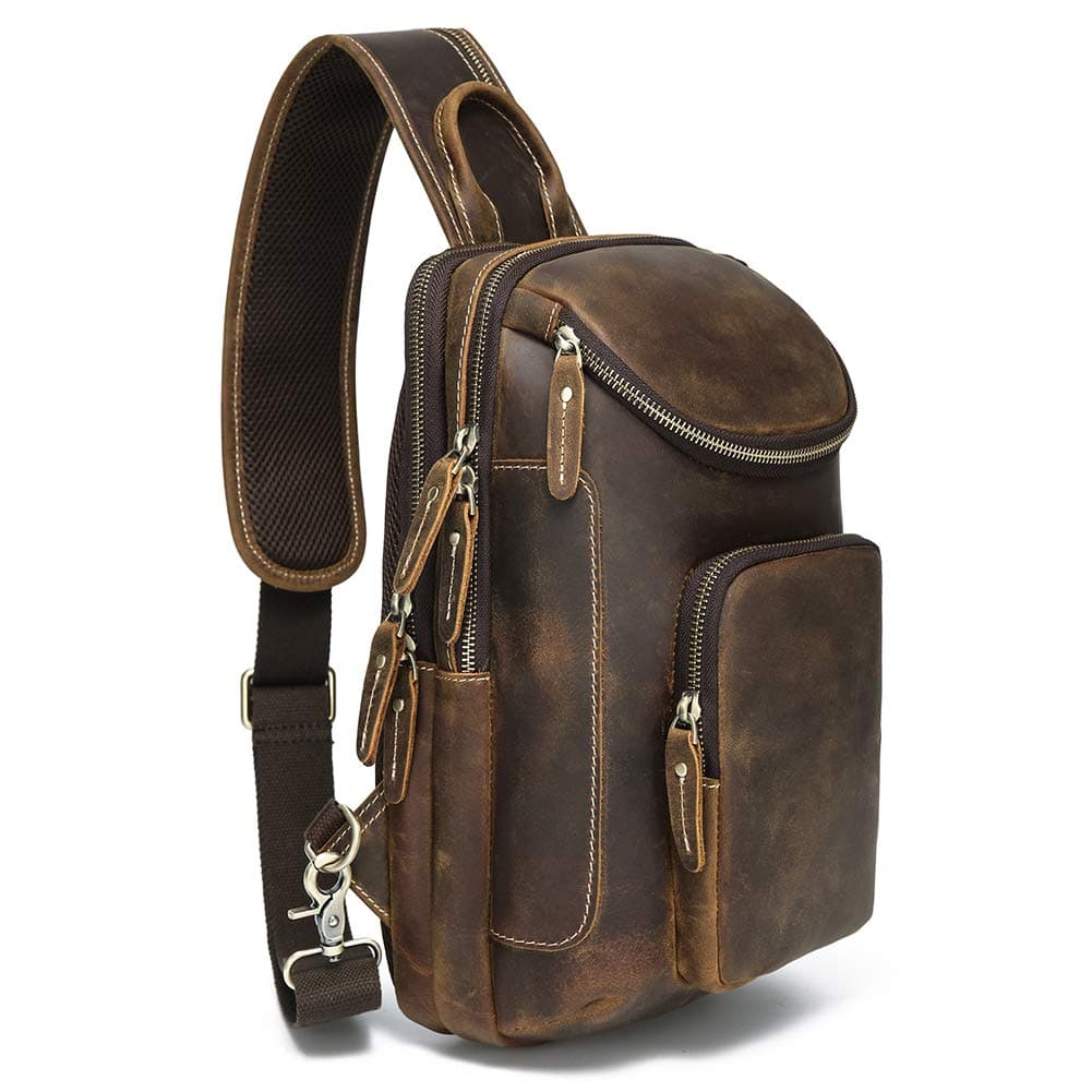 LANNSYNE Vintage Full Grain Leather Sling Bag Crossbody Chest Daypack Fits 10.5" iPad