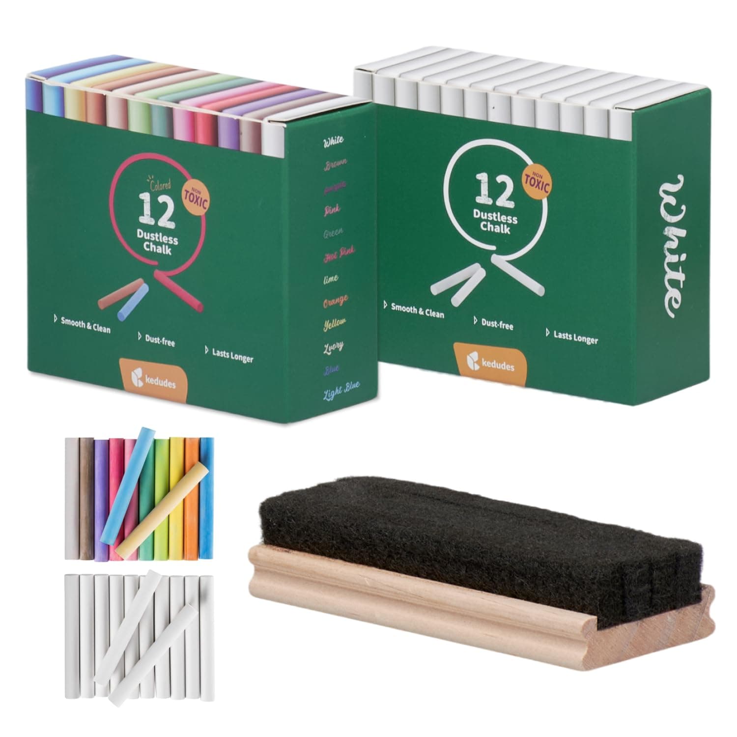 kedudes kekudes Non-Toxic White Dustless Chalk (12 ct box) and Colored Dustless Chalk (12 ct box) Bundle + Premium Chalkboard Eraser