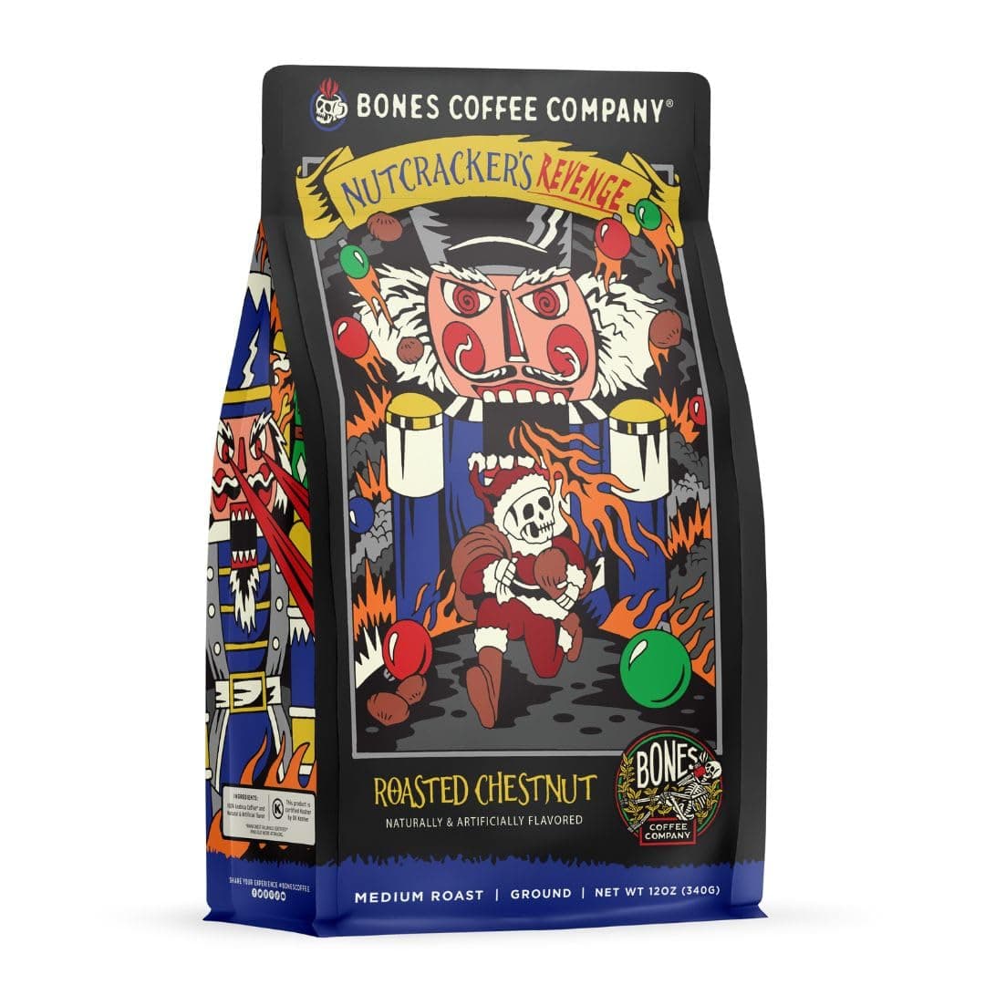 Bones Coffee Company Nutcracker's Revenge, Roasted Chestnut Flavored Coffee, Medium Roast Low Acid Arabica Beans Compatible with Auto drip and French Press Coffee Maker, 12 Oz Ground