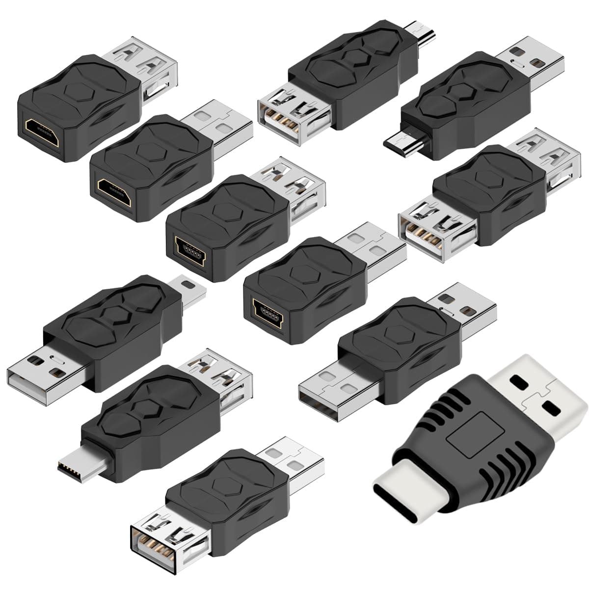 USB 2.0 Adapter Set USB/Type C/Micro/Mini Male to Female Converter Connector (12 pcs)