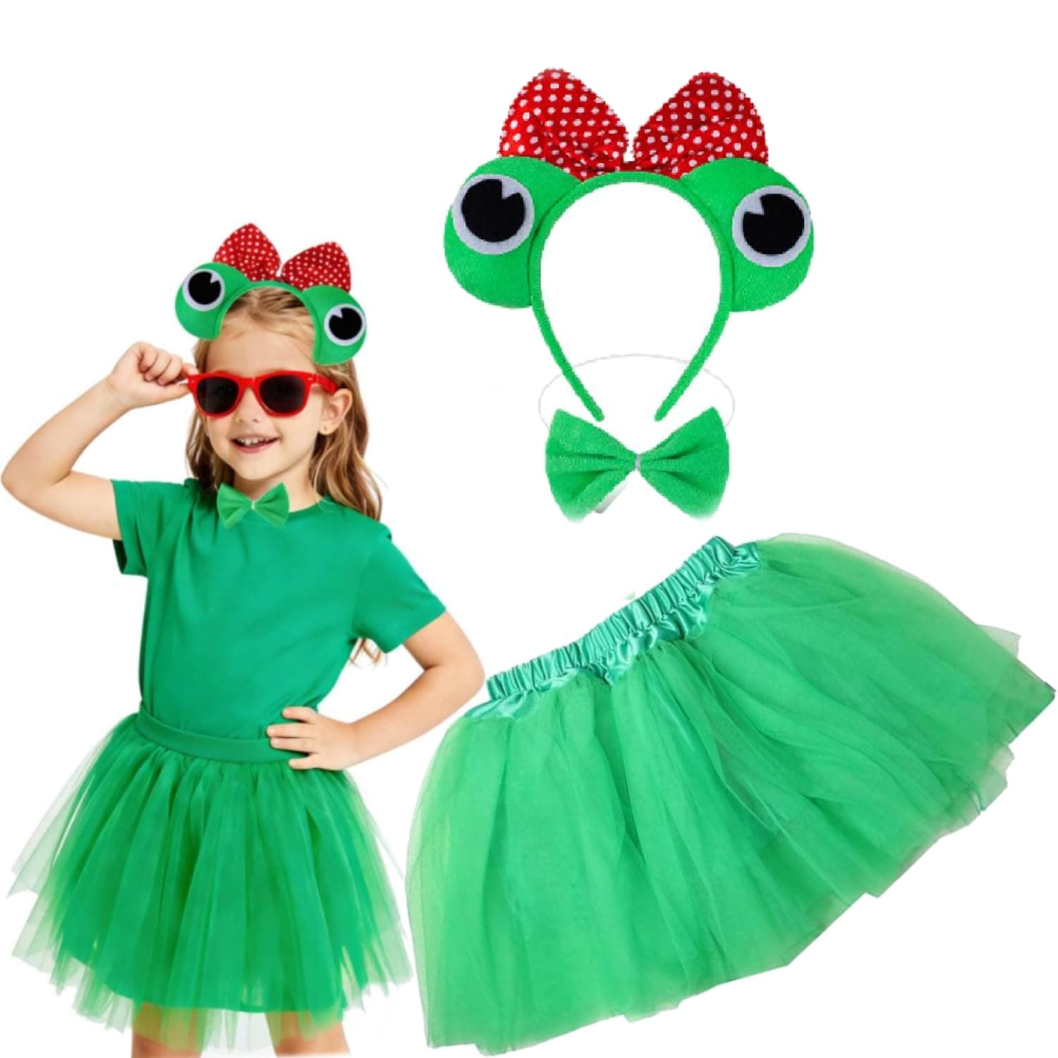 Kirei Sui Kids Animal Green Frog Ears Headband Bowtie Tail & Tutu Costume