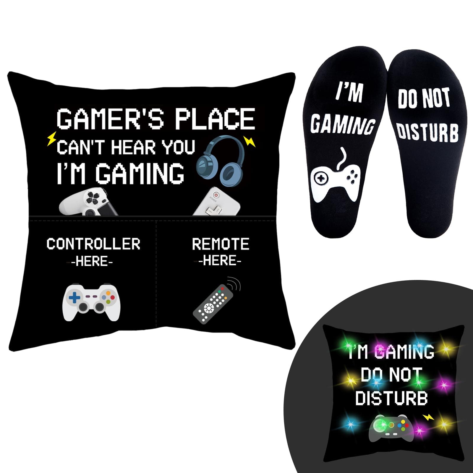 GOAUS Gamer Gifts Funny Socks, Light Up Gaming Pillow Cover 18x18 inch Dual Pockets, Gifts for Men Dad Teens Teenage Boys Son Boyfriend
