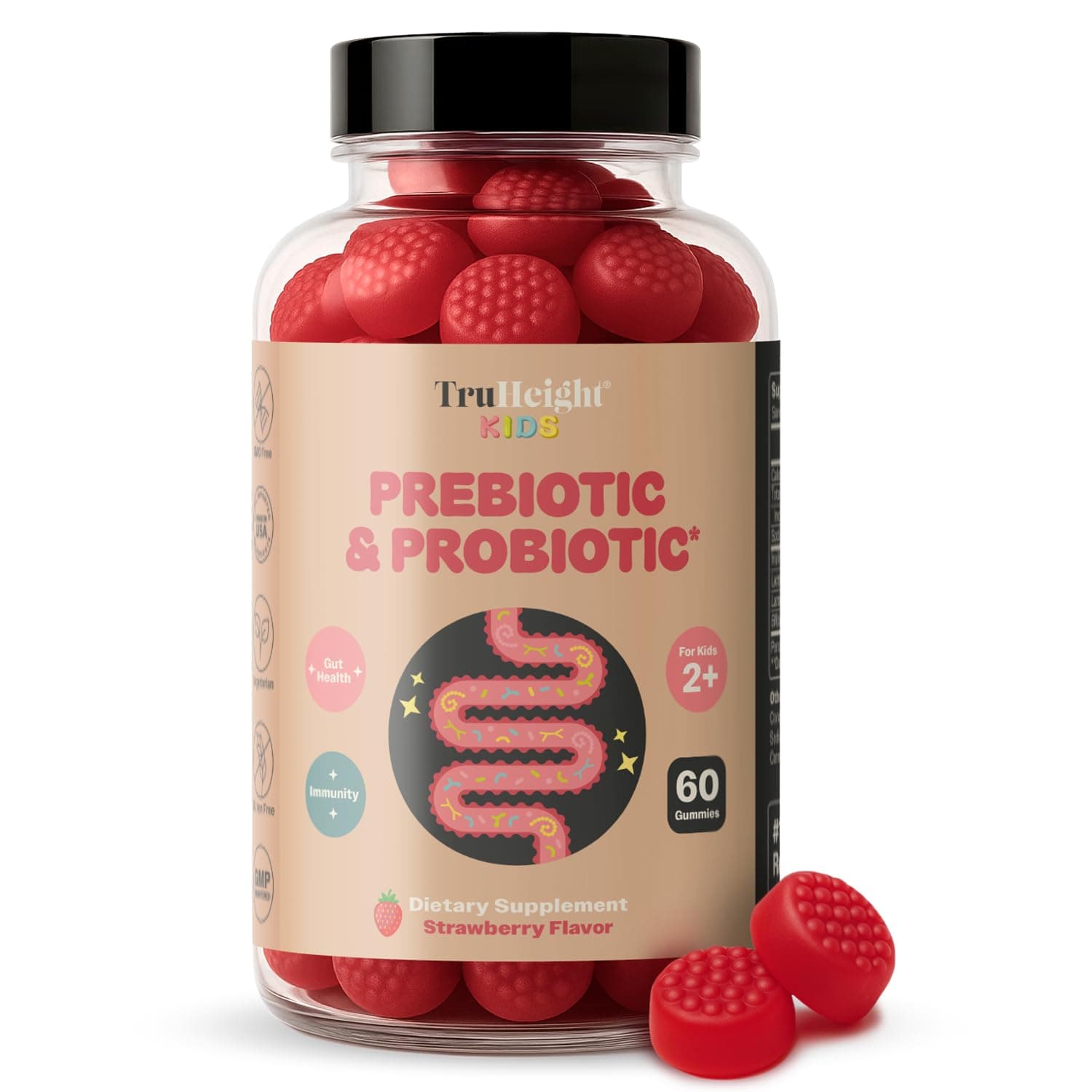 TruHeight Kids Prebiotic & Probiotic Gummies Ages 2+ (Strawberry Flavor) Toddlers & Kids All Natural Supplement for Digestive Health, Gut & Constipation Relief - Endorsed by Pediatricians Vitamins