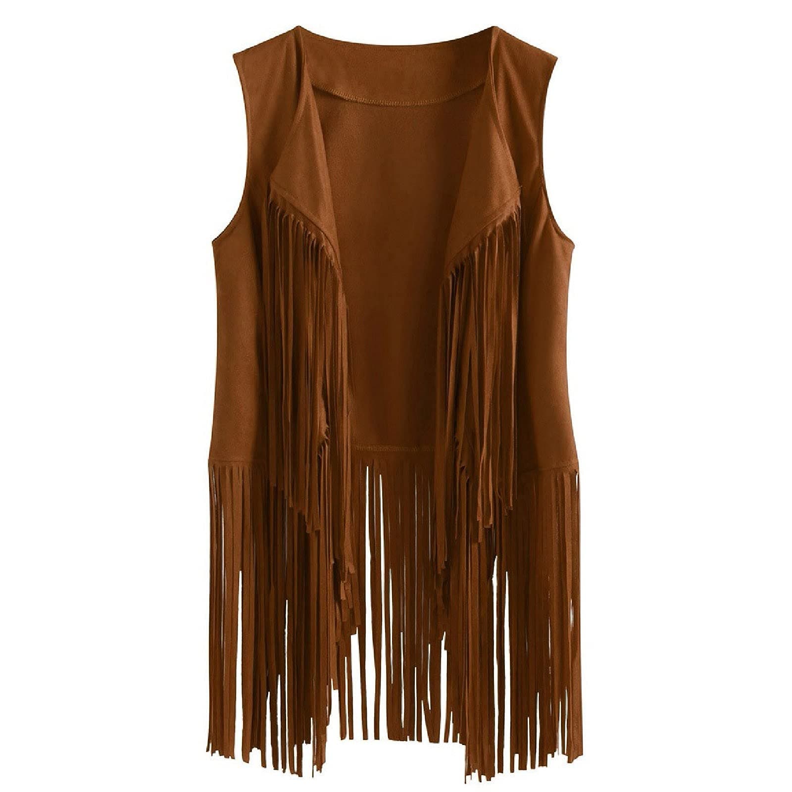 Women's Classic Cowboy Suede Leather Shirt 70s Vintage Western Fringe Vest Tops Sleeveless Tassels Cardigan Jackets
