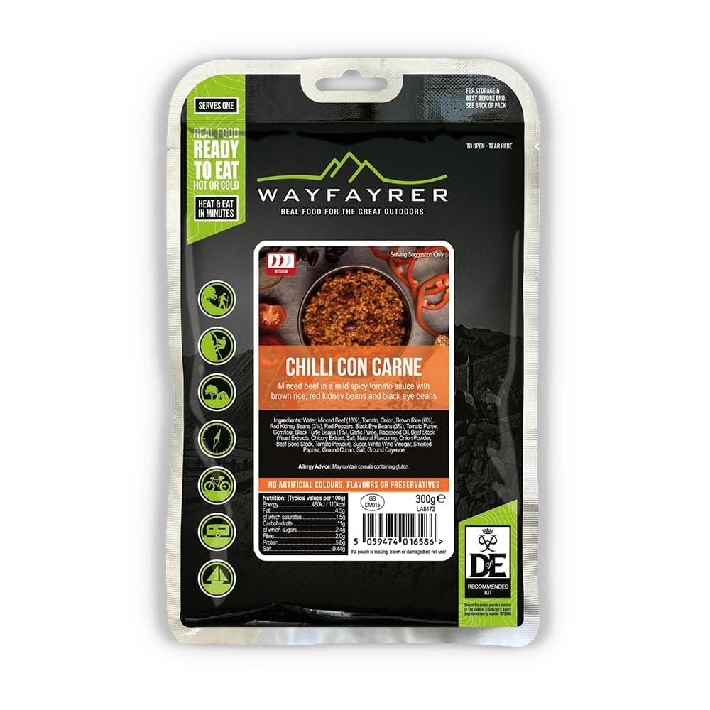 Wayfayrer Chilli Con Carne 300g Ready to Eat, Hot or Cold, Meal Pouch Recommended for Duke of Edinburgh's Award Expeditions, Camping, Hiking, Fishing and Outdoor Adventures