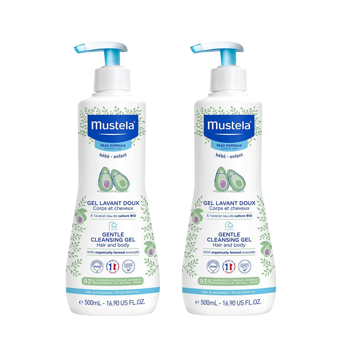 Mustela Baby Gentle Cleansing Gel - Baby Hair & Body Wash - with Natural Avocado fortified with Vitamin B5 - Biodegradable Formula & Tear-Free - Pack of 2-500ml