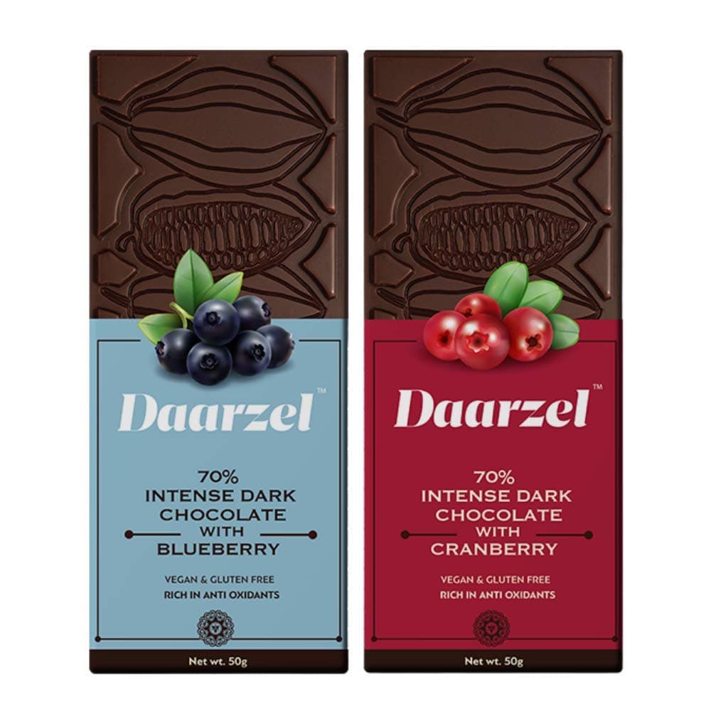 Daarzel Dark Chocolate Combo Pack of 2 | 70% Cranberry & 65% Orange | Vegan & Gluten Free | Gourmet Fruit Chocolate Bars | 50g Each