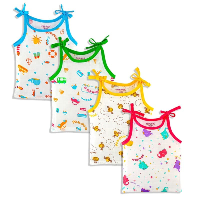 Pom Pom Sweethearts New Born Baby Soft Cotton Printed Sleeveless Jhabla/Vest/Baniyan/Knotted Tank Top for Baby Boy & Girl - Pack of 4 (0-1 Months)