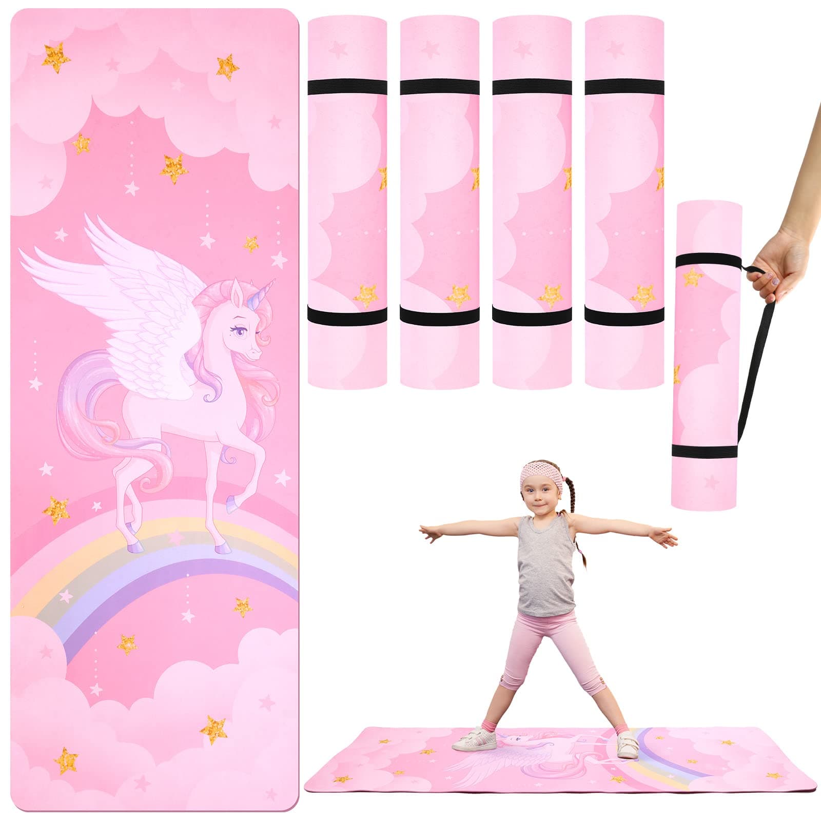 Timgle 4 Pcs Unicorn Yoga Mat Set for Kids - Thick Non-Slip Exercise Mat 60'' x 24'' x 4 mm With Carrier Strap for Toddler Teens Girls