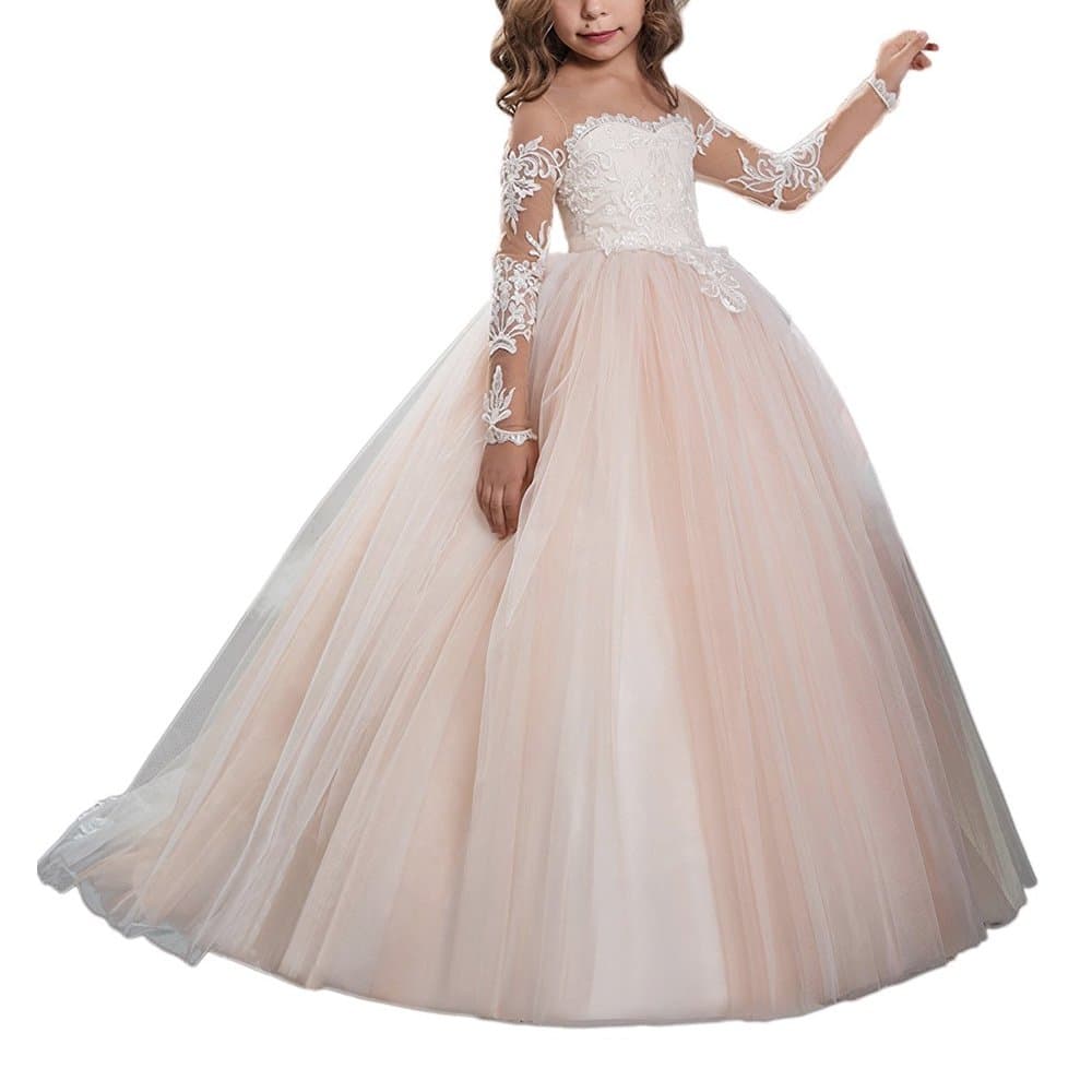 Lace Embroidery Sheer Long Sleeves Kids Trailing Gowns