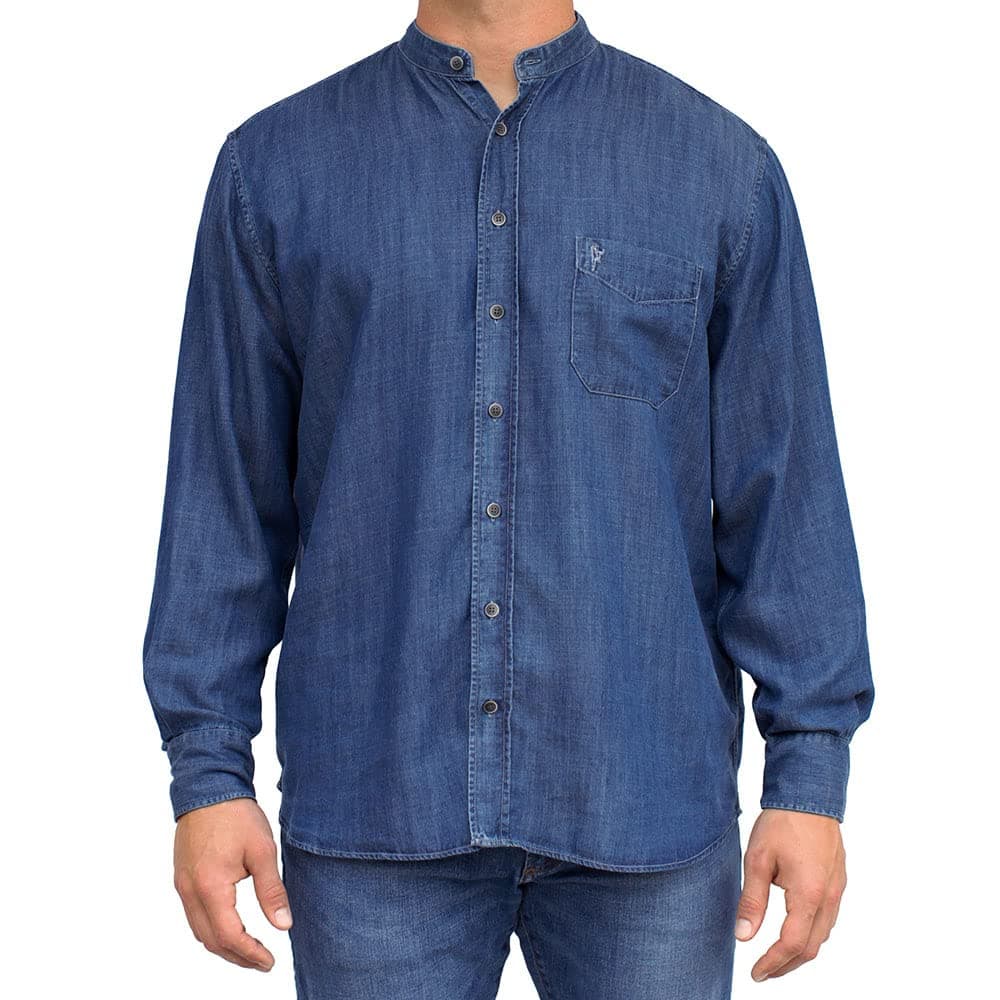 Irish Grandfather Collarless Tencel Denim Jean Shirt in Dark Blue Indigo Wash