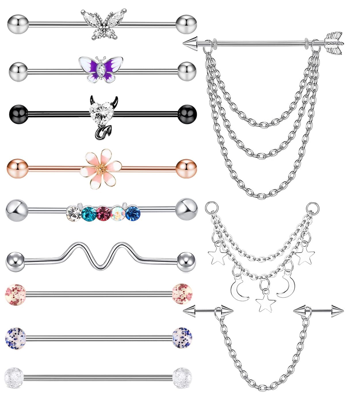 14g Industrial Barbell Surgical Steel Cartilage Earrings CZ Industrial Earring Crystal silver Gold Industrail Piercing Jewelry 1 1/2"(38mm) Bar Conch Helix Stud For Women Men