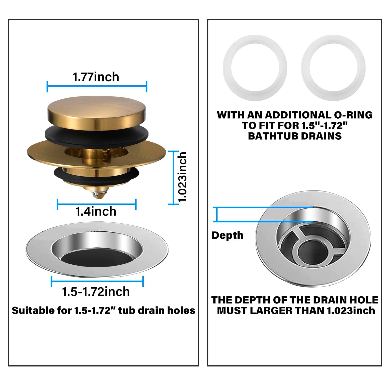 Uxoz Bathtub Stopper Upgraded Tub Stopper Universal Drain Stopper, Replacing Lift and Turn, Tip Toe or Trip Lever Tub Drains for 1.5"-1.72" Drain Hole - Brushed Silver (Gold)