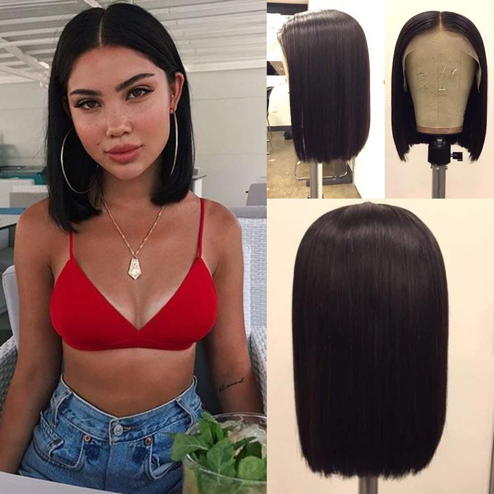 GeetaHair Human Hair Lace Front 13x4 Wigs Bob 180 Density Brazilian Virgin Human Hair Short Bob Wigs Straight Hair Natural Color