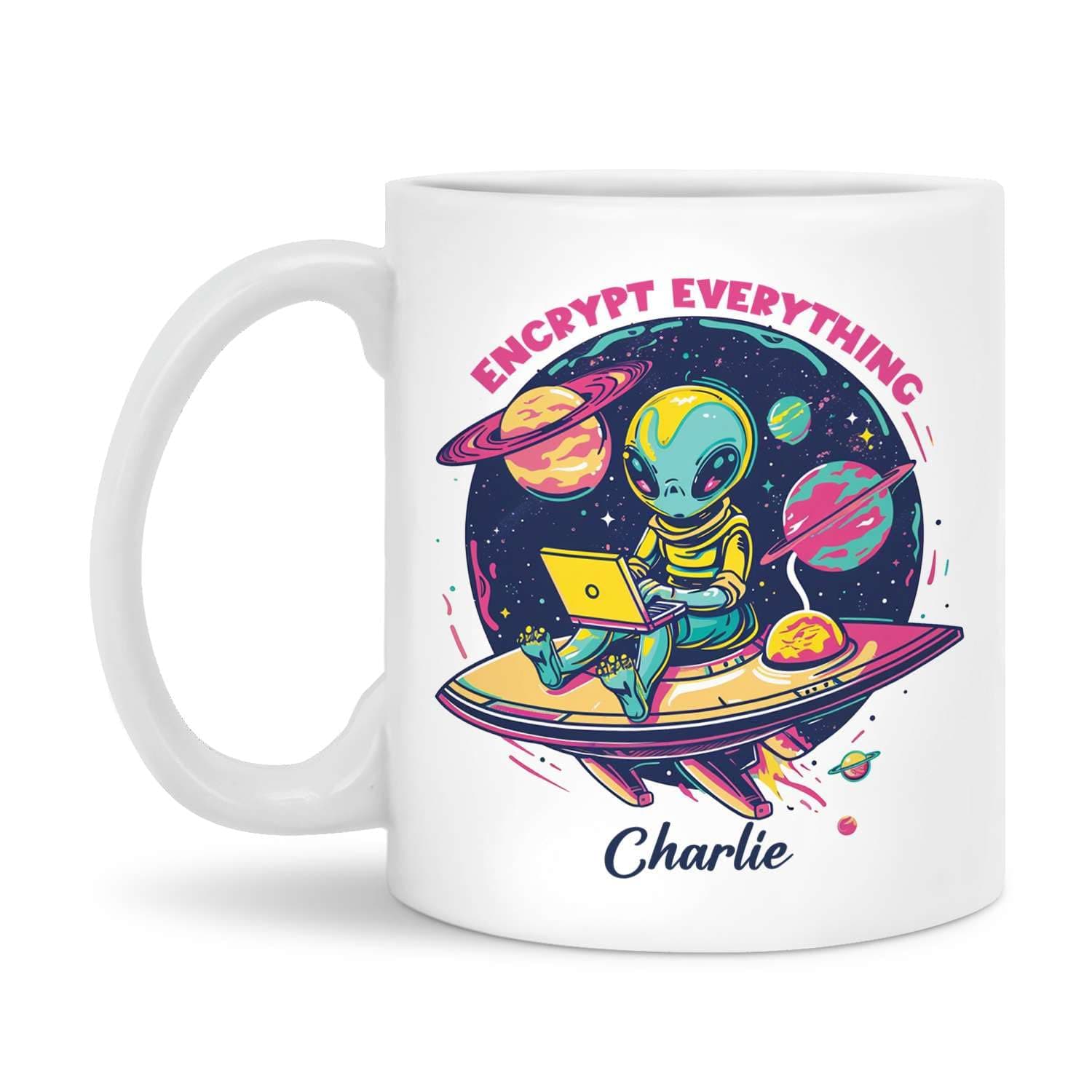 Personalized Alien Coffee Mug 11oz Or 15oz, Custom Ceramic Cup Choose Name, Unique Decorative Cup Gift For Tech Lovers, Customized Space Themed White Cup, Coding Enthusiast Mug