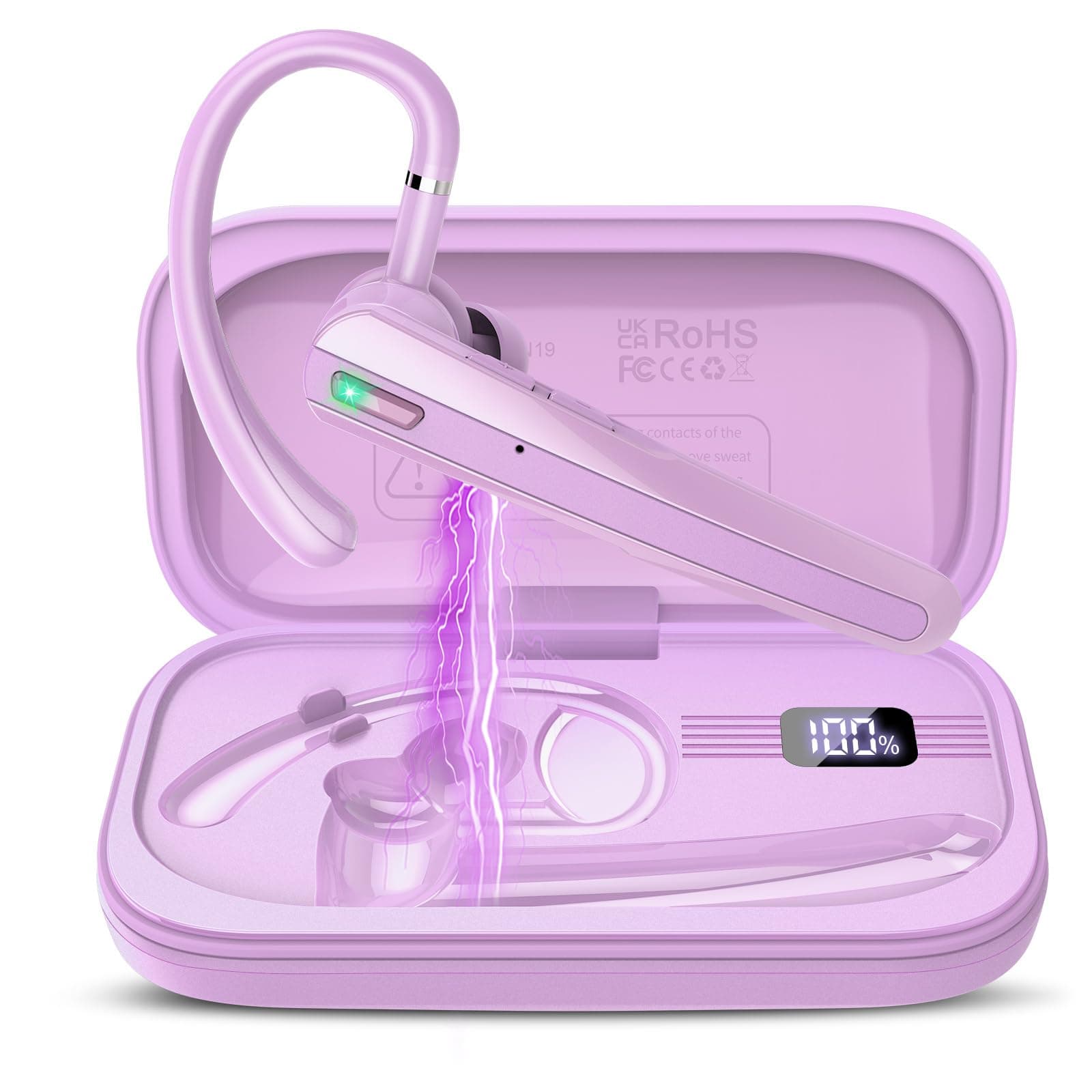 Bluetooth Headset V5.3, Wireless Headset with ENC Noise Canceling Mic, 120Hrs Talk Single-Ear Bluetooth Earpiece, LED Display, IP7 Waterproof, Purple