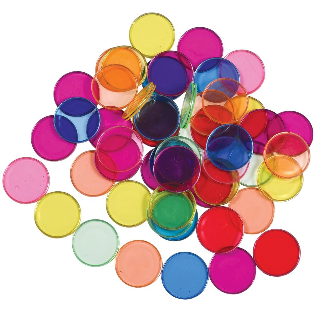 LEARNING ADVANTAGE-7253 Transparent Plastic Counters - Steel-Ringed - Set of 50 - Assorted Colors - Great for Kindergarten, Sensory Play and Light Panels