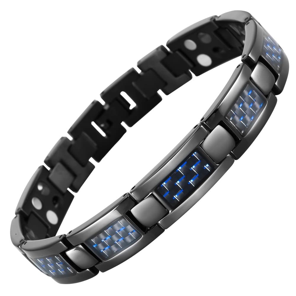 Blue Carbon Fiber Titanium Magnetic Bracelet Double Strength Adjusting Tool and Gift Box Included By Willis Judd