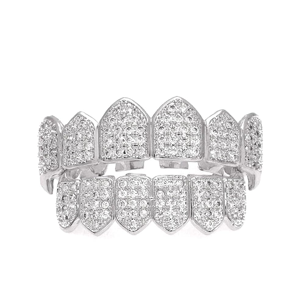 Iced Out Diamond Teeth Grillz for Men Women, Hip Hop Silver Grills for your teeth Top and Bottom, Rapper Costume Mouth Grillz with Silicone Molding Bars