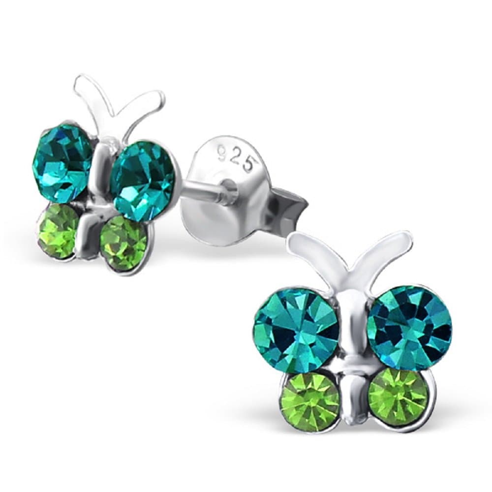 925 Sterling Silver Blue & Green Crystal Butterfly Stud Earrings 21833 (Nickel Free)