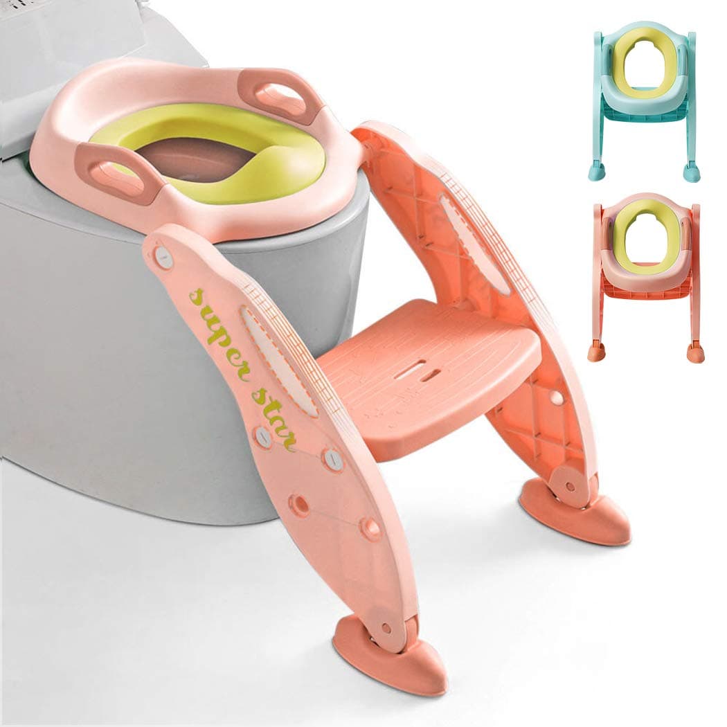 Potty Training Toilet Seat with Step Stool Ladder for Kids Girls Boys Baby and Children- AISIMEE Toddlers Toilet Training Seat Chair with Soft Cushion and Anti-Slip Pads Wide Step(Pink)