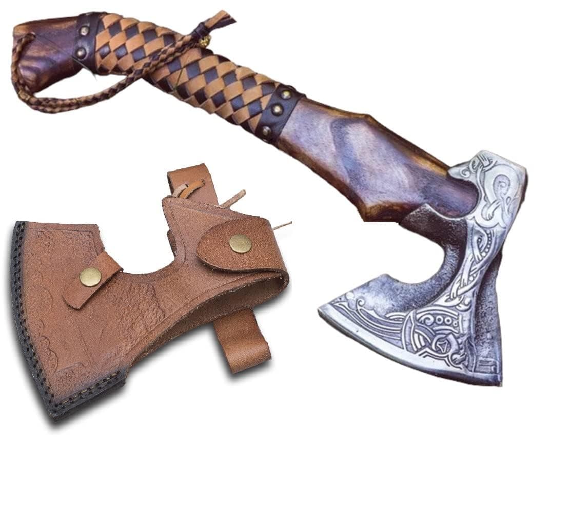 19" Custom Gift Hand Forged Viking Axe- Carbon Steel Camping Axe with Rose Wood Shaft - Viking Gifts for Men, Bearded Camping Axe (VALHALA 19)
