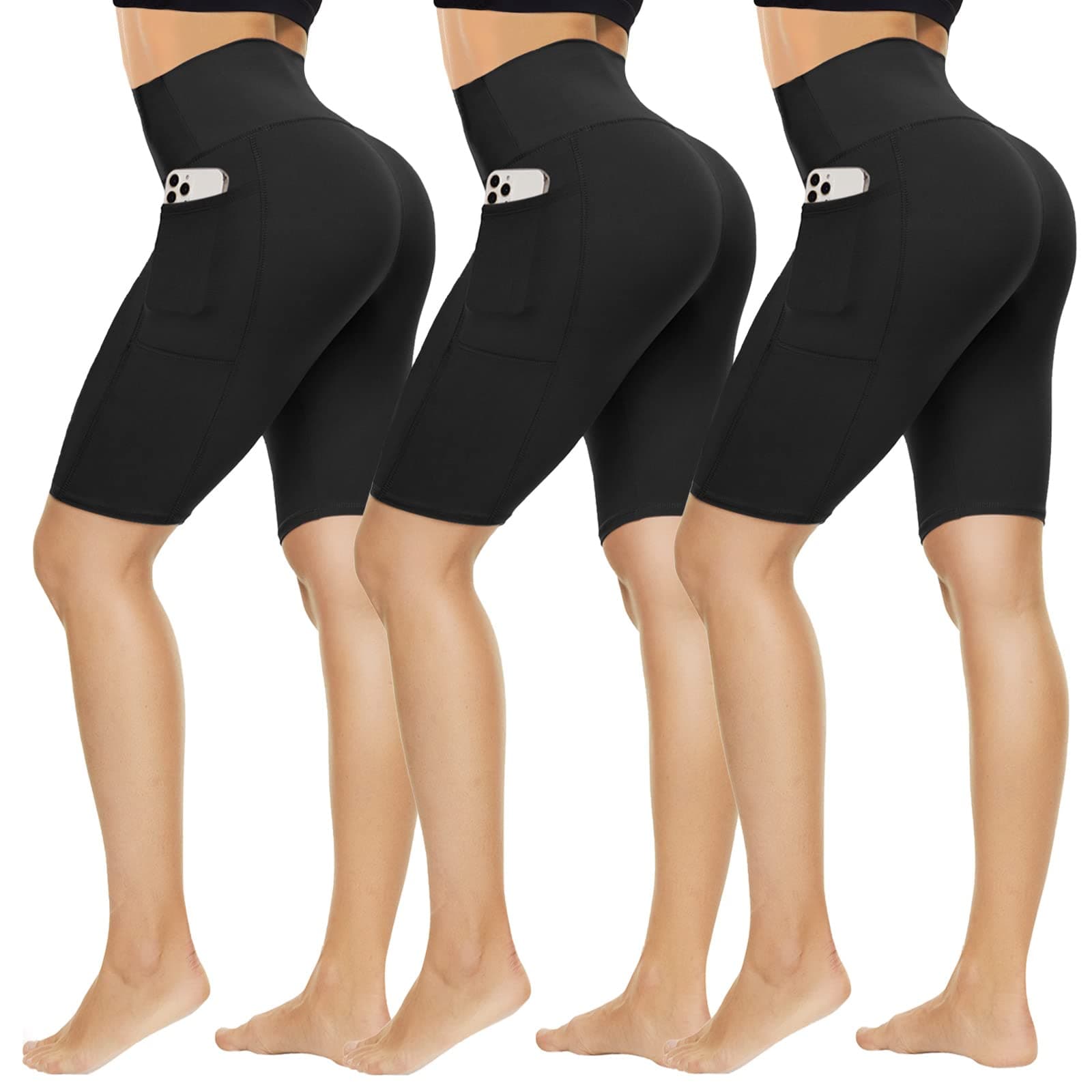 QGGQDD 3 Pack Biker Shorts Women with Pockets - 8” High Waisted Black Workout Running Yoga Shorts