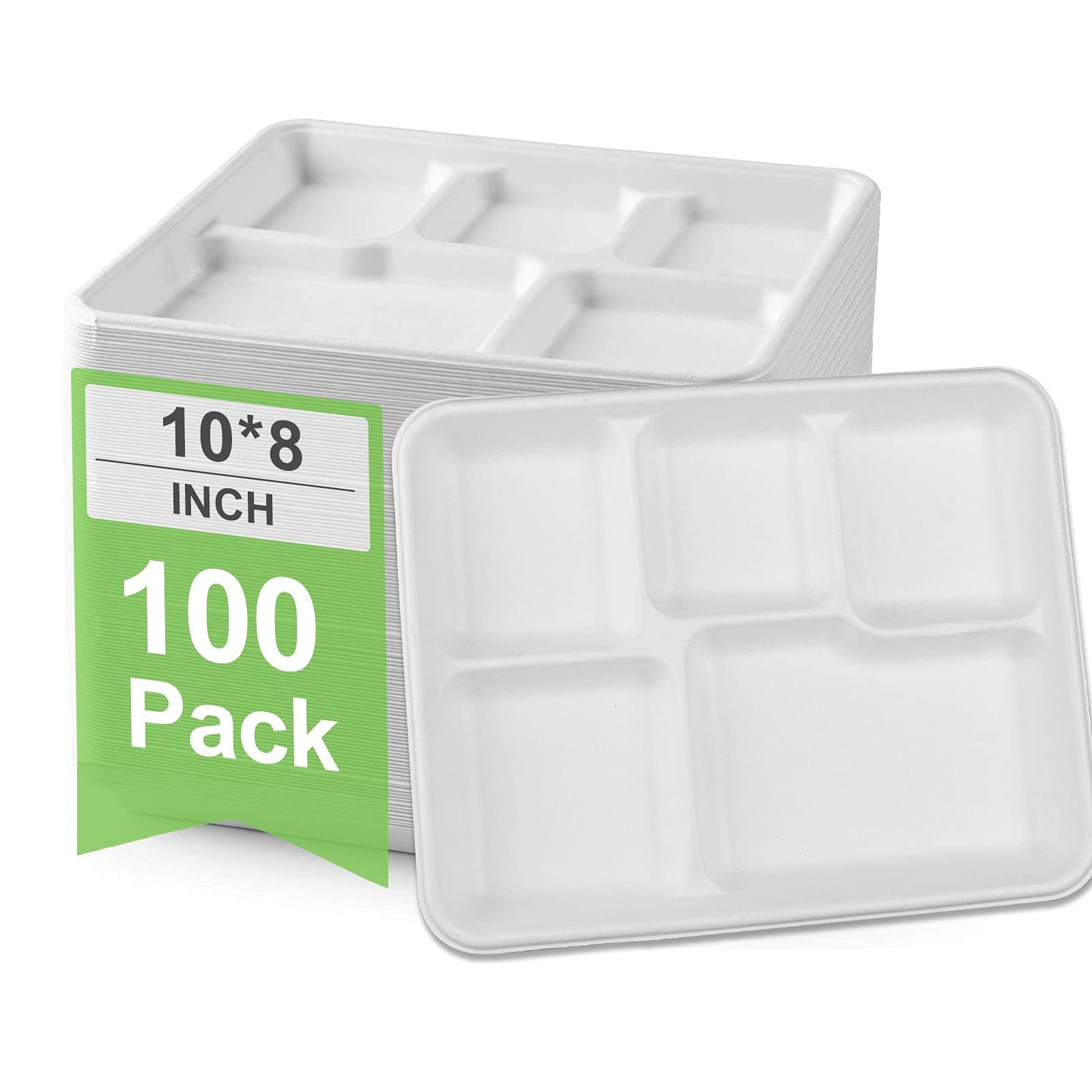 Go-Green 100% Compostable 5 Compartment Plates,Eco-Friendly Disposable Bagasse Tray,10 inch Heavy Duty School Lunch Tray,100 Pack