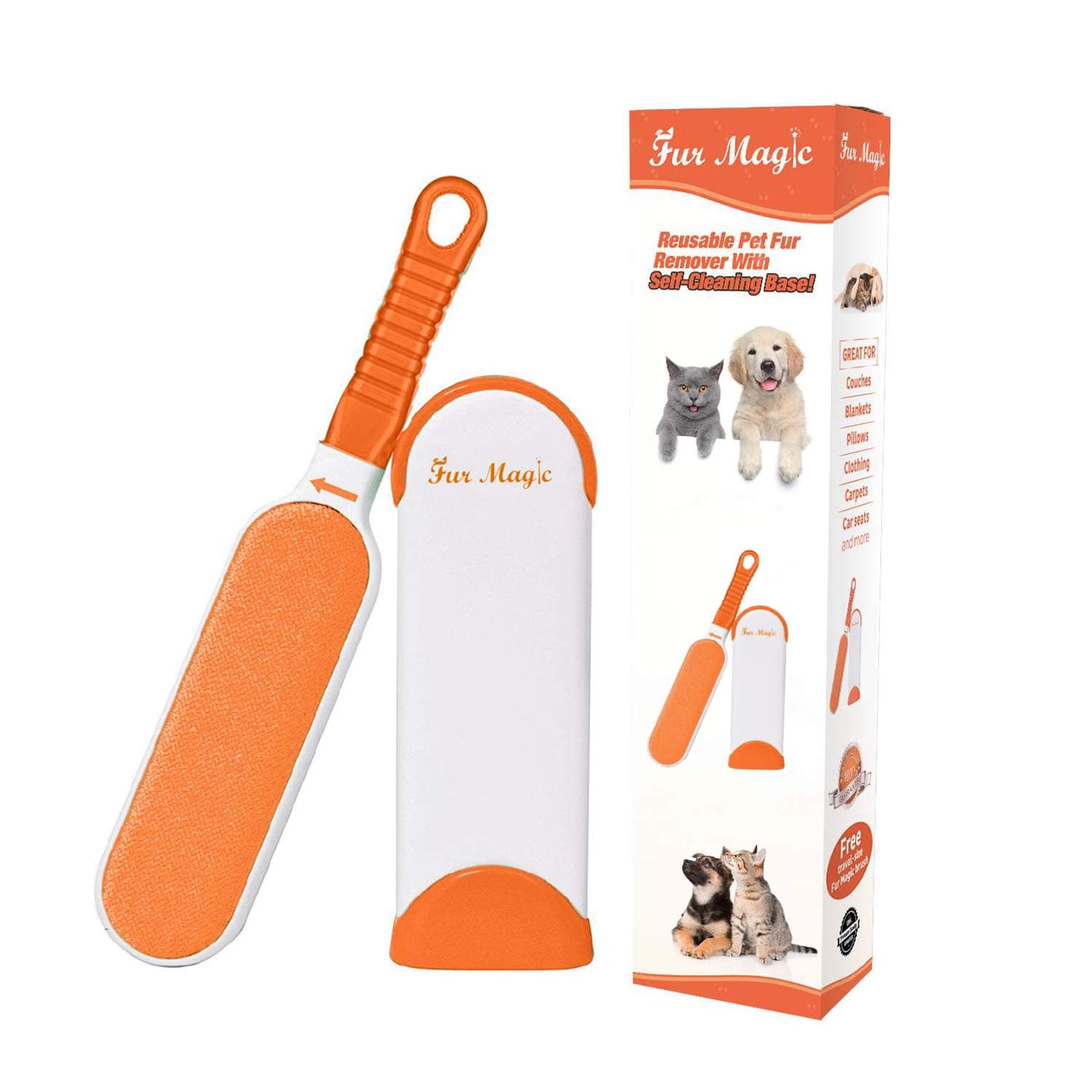 Fur Magic Pet Hair Remover Lint Brush With Self-Cleaning Base, Reusable Fluff Remover for Clothes, Double-Sided Fur Cleaner for Dog and Cat, Orange