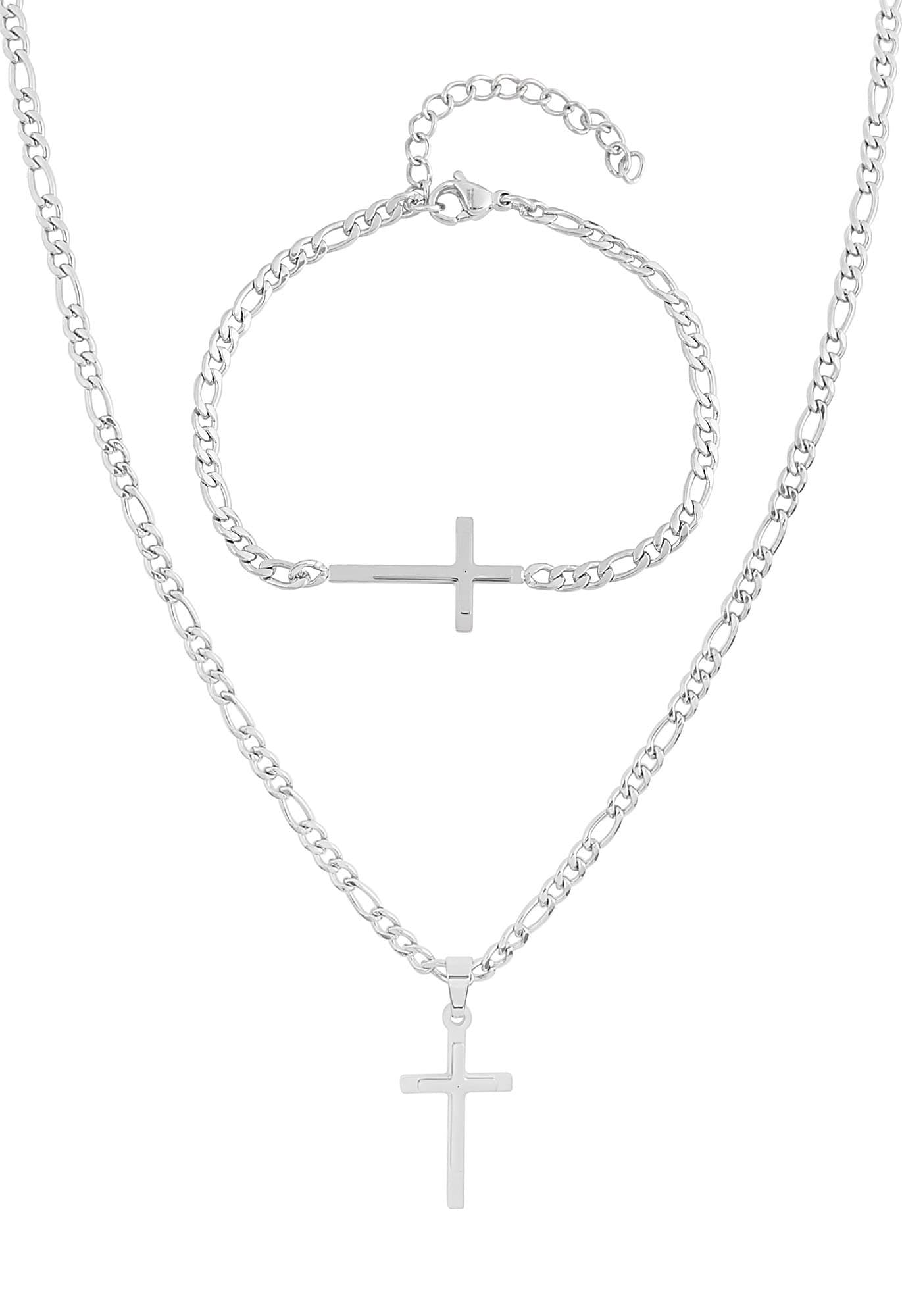 20 inch Figaro Link Chain Cross Necklace and Matching Bracelet, 20"