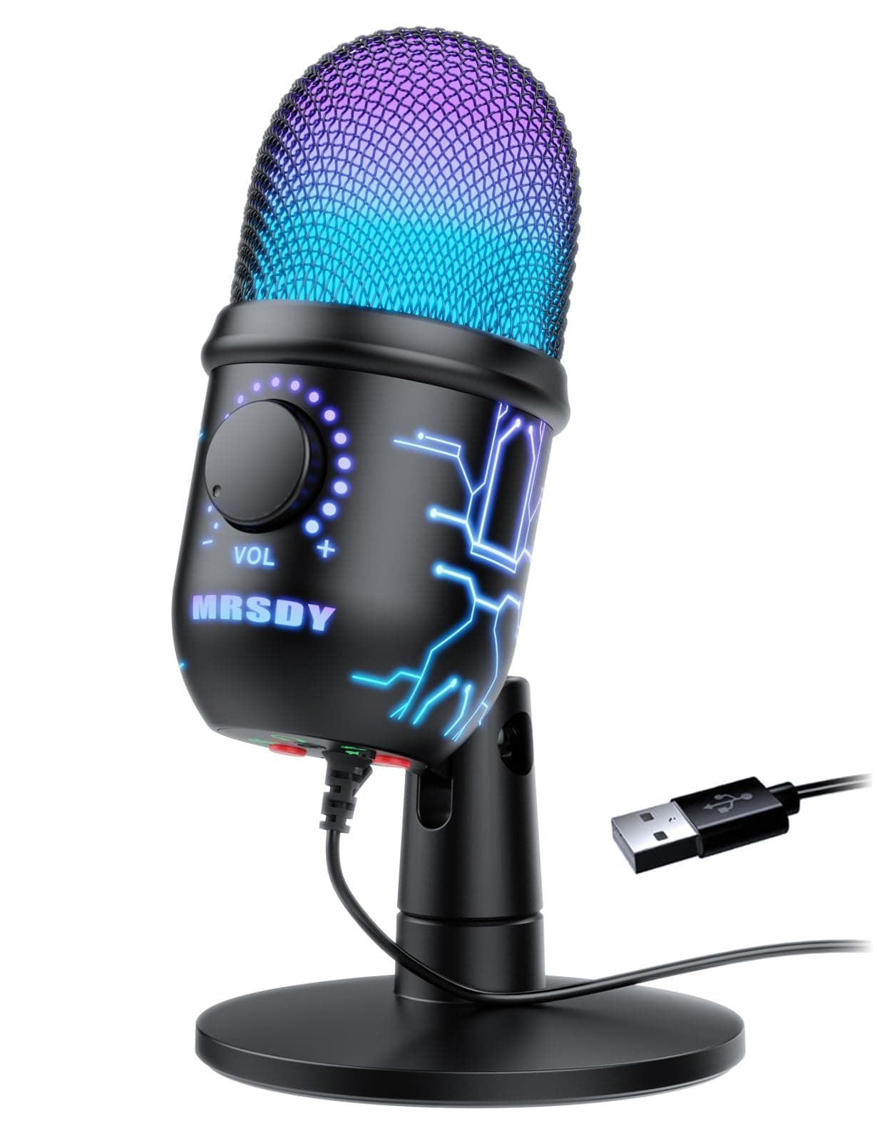 Gaming Microphone, USB Computer Microphone for PC, Mac, PS4/5, Condenser Podcast Mic for Studio Recording, YouTube, Streaming, with Headphone Jack, Led Light, Mute, Gain, Noise Cancellation