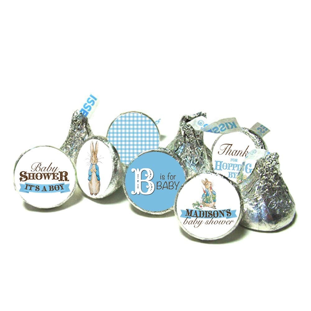 PETER RABBIT Baby Shower kiss stickers - Beatrix Potter kiss stickers ~ Fits Individually Wrapped Chocolate - It's a boy! (108 peel & stick stickers) (Personalized)