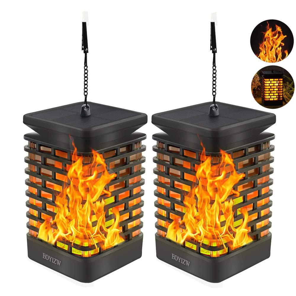 EOYIZW Solar Lantern Lights Outdoor Flame Decor- Premium 99 LEDs Dancing Flame Flickering Solar Garden Ornaments Hanging Lantern- Waterproof LED Solar Deck Landscape Lighting for Patio Yard - 2 Pack [Energy Class A]