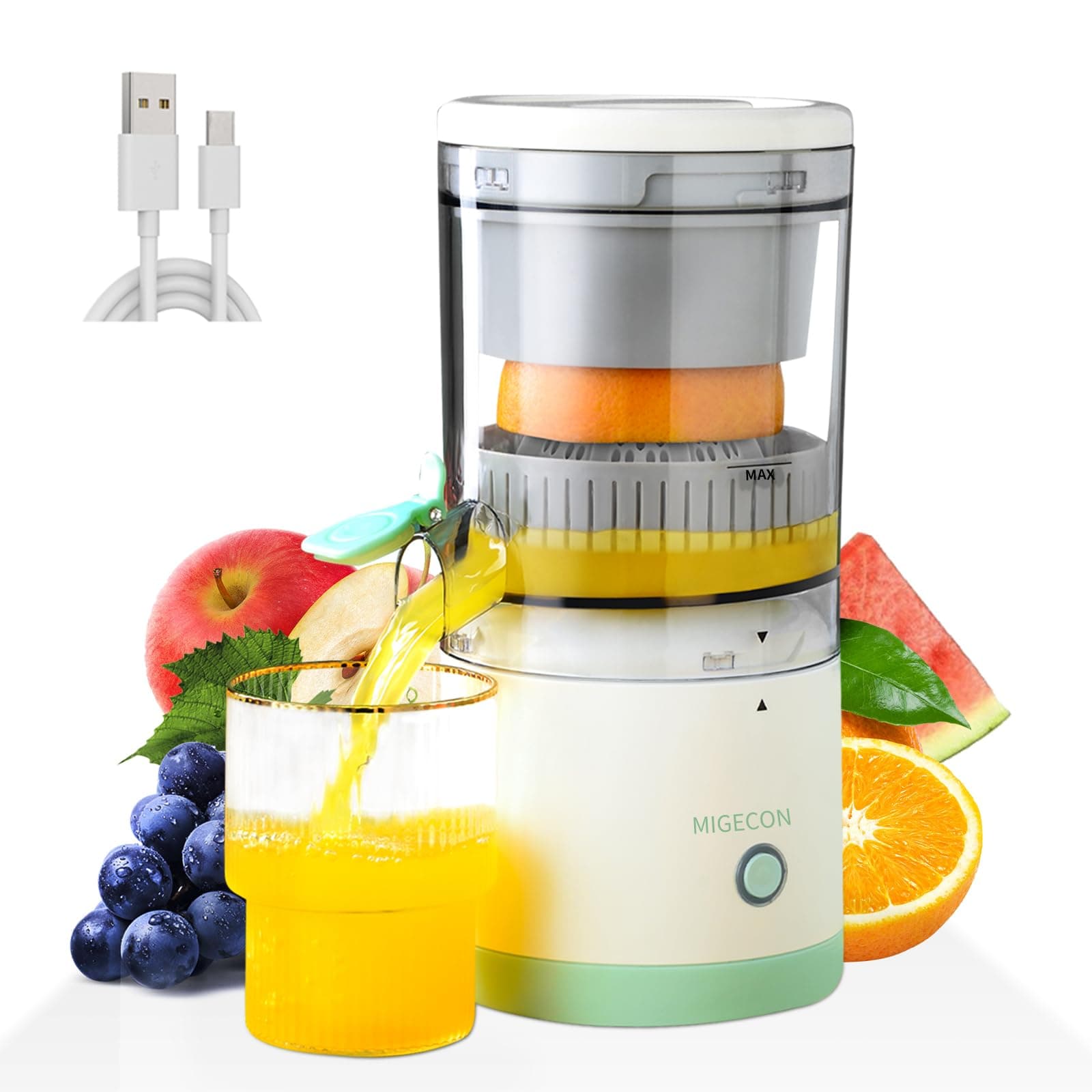 Migecon Citrus Juicer, Electric Orange Squeezer with Powerful Motor and USB Charging Cable, Juicer Extractor, Lime Suitable for Orange, Citrus, Apple, Grapefruit Pear. Greem ECQ01