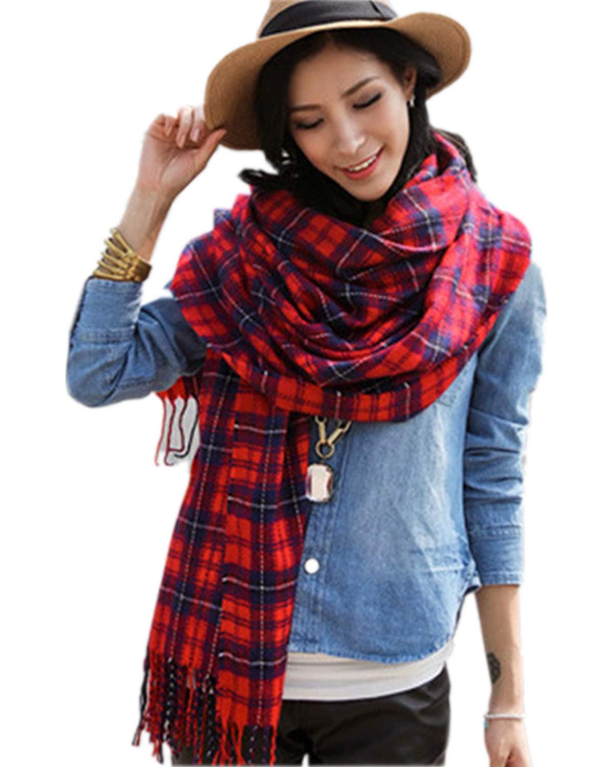 Plaid Blanket Scarves for Women, Ladies Fashion Winter Warm Tartan d Long Checked Shawls and Wraps