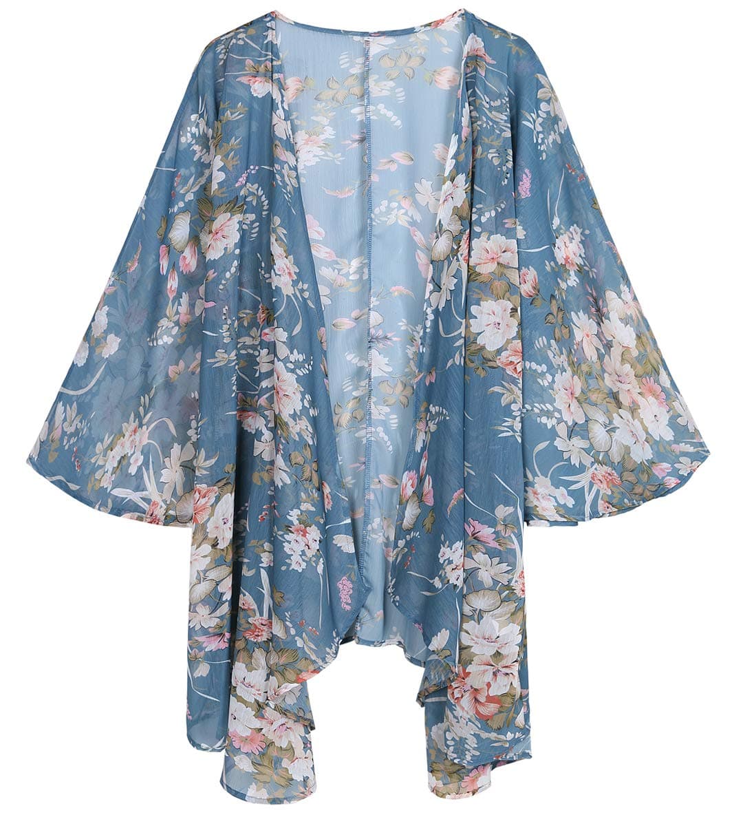 Women's Floral Print Sheer Chiffon Loose Kimono Cardigan Capes