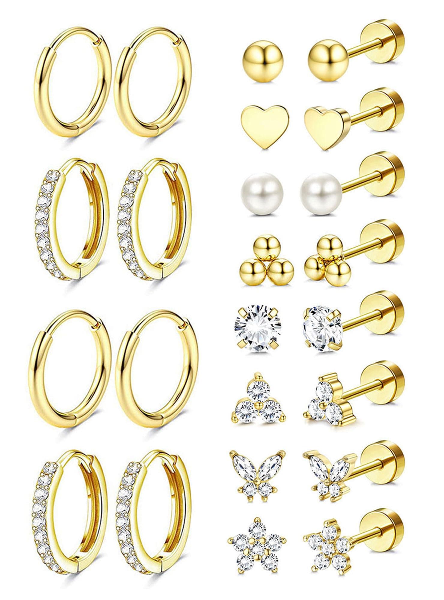 Hypoallergenic 14K Gold Plated Stud Hoop Earrings for Women Men Surgical Stainless Steel Flat Back Earrings Small Huggie Hoops Cartilage Earring Set for Multiple Piercing Jewelry Gift for Women