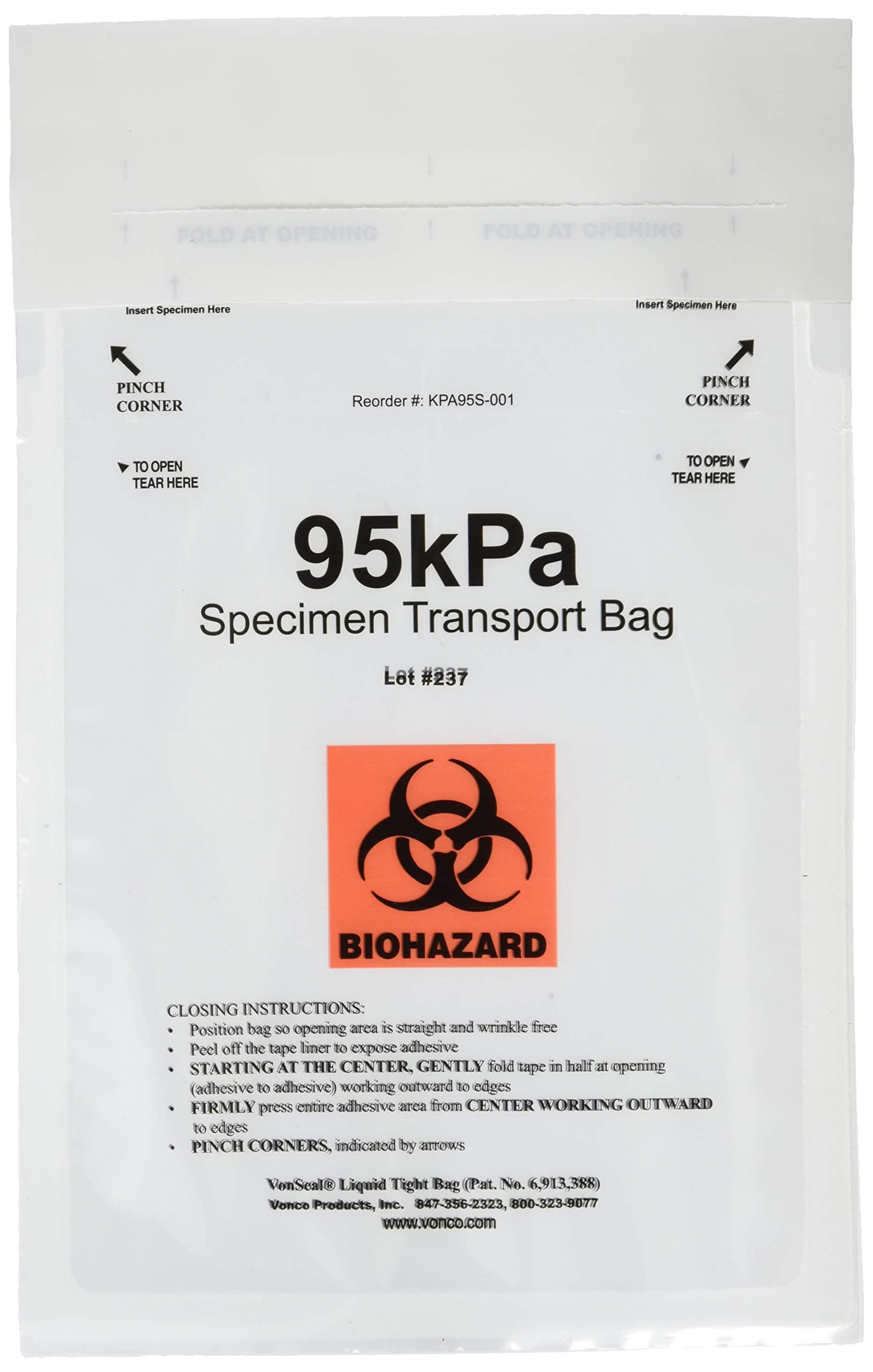 Vonco 95kPa VonSeal KPA95S-001 Biohazard Bag, Propriatary, Small